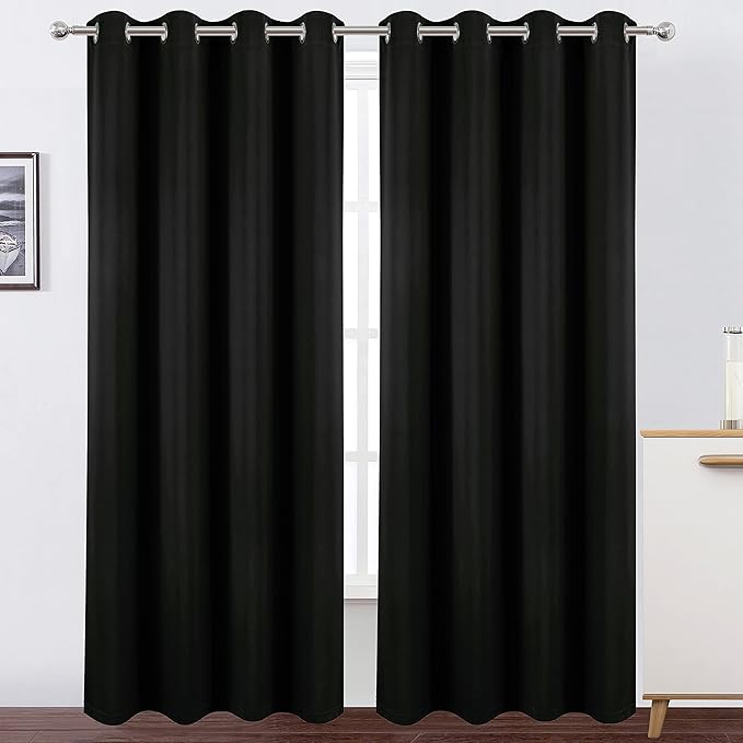 LEMOMO 100% Blackout Curtains 52 x 95 Inch/Black Curtains 2 Panels with Black Lining Room Darkening Thermal Insulated Bedroom Curtains
