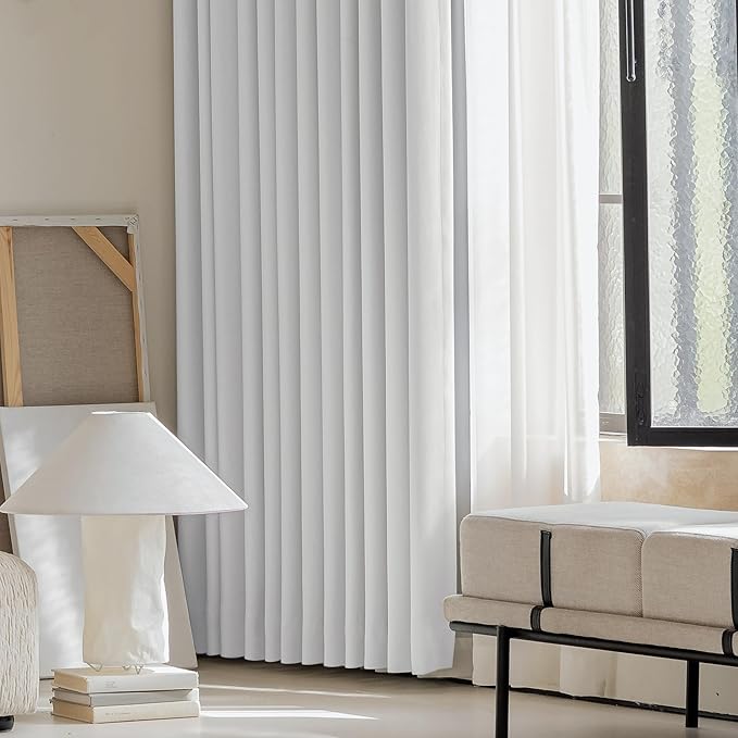FMFUNCTEX 100% Blackout Curtains for Bedroom, White Back Tab Curtain 96 Inches Long Drapery Thermal Insulated Curtains for Living Room, Black Out Drapes Rod Pocket Room Darkening 2 Panels