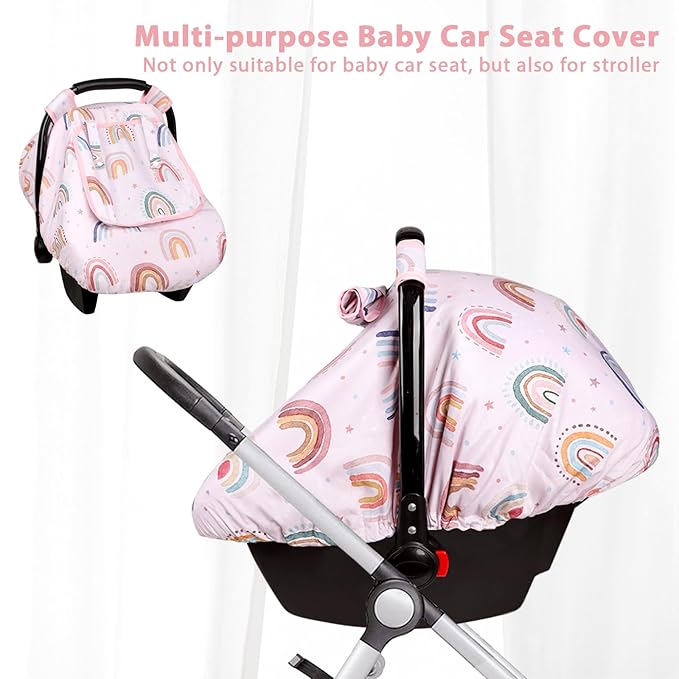 Car Seat Cover Baby Girl, Warm Winter Carseat Cover for Baby, Kick-Proof Infant Car Seat Cover with Peep Window, Windproof & Cozy, Pink Rainbow