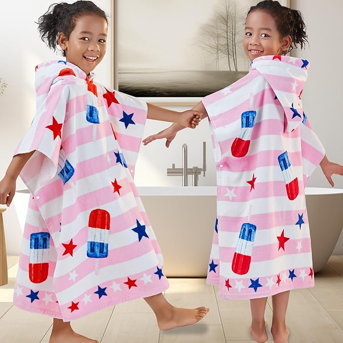 VOOVA & MOVAS Kids Beach Towels with Hood (4-8Years), Super Absorbent Soft Cotton Bath | Pool Towel for Boys and Girls, Perfect for Swim | Gifts, Pink Ice Lolly