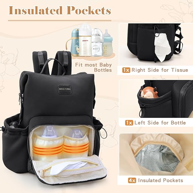 miss fong Diaper Bag Backpack - Baby Diaper Bag Neoprene Bag Large Capacity Neoprene Backpack with Diaper Changing Pad Pañaleras Para Bebe Baby Backpack with 12 Pockets for Mom & Dad -Black