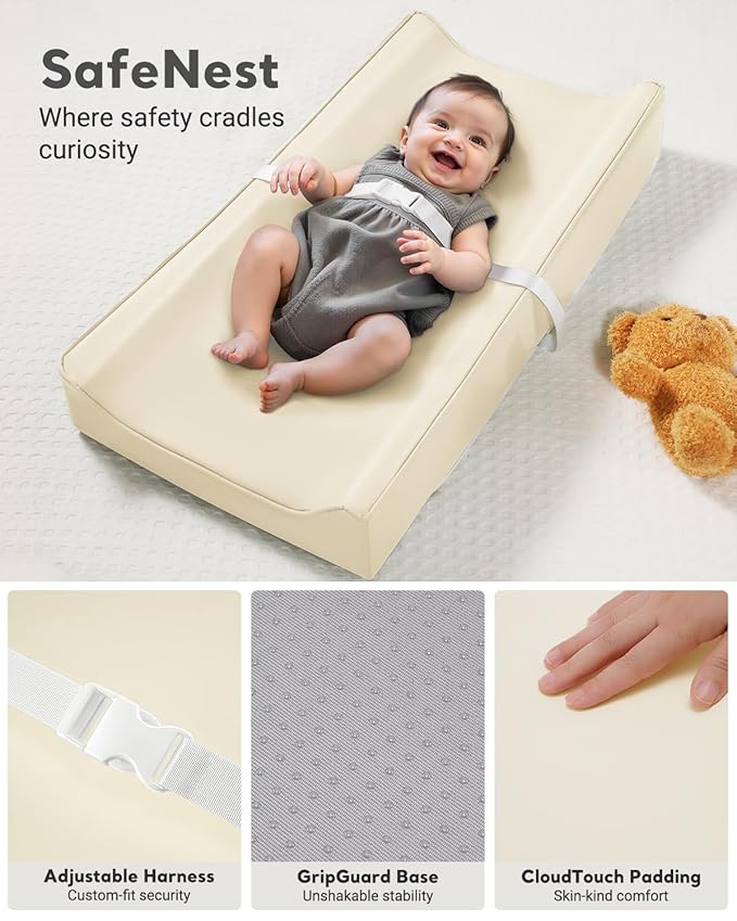 Vegan Leather Waterproof Baby Changing Pad - Wipeable, Extra Thick & Portable & Non-Slip Diaper Mat for Dresser, Crib, Travel | Soft & Safe (Beige)