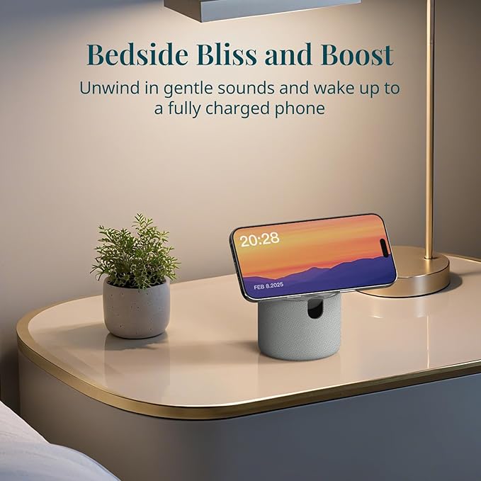 ANJANK White Noise Sound Machine with Wireless Charger Stand, 20 Soothing Sleep Sounds, 32-Level Volume, Auto-Off Timer, 10W Magnetic Charging for iPhone, Dorm Essential for Adults, Must-Have Gift