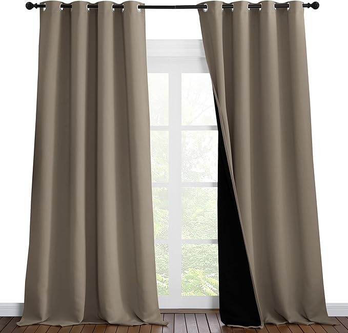 NICETOWN 100% Blackout Blinds, Laundry Room Decor Window Treatment Curtains for Large Patio Sliding Door, Thermal Insulated Taupe Curtains for Bedroom, Set of 2, 55 inches x 102 inches