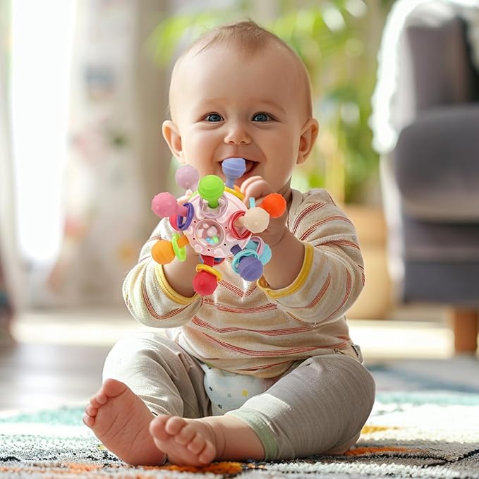 Baby Teething Toys, Baby Teethers Montessori Sensory Toys for 0-6 6-12 Months, Gifts for 1 Year Old Boys Girls Infant Newborn 0 3 6 9 12 18 Months Toys, Pink