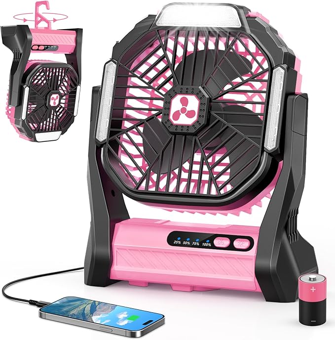 Portable Rechargeable Fan, 20000mAh Cordless Battery Powered Camping Tent Fans with SOS & LED Lantern, Small USB C Operated Outdoor Ventiladores for Travel Camp Fishing Office Home Essentials (Pink)