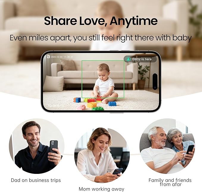 Monai Baby Monitor with Camera and Audio, 3K UHD, 6X Zoom, WiFi Video Monitor for Room or Travel, Pan 350° Tilt 65°, AI Cry Detection, Virtual Fence, Face-Cover Alerts, Sleep Monitoring, Night Vision