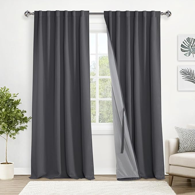 XWZO 100% Blackout Curtains 95 Inches Long with Tiebacks- Rod Pocket/Back Tab Privacy Protection Noise Blocking Window Drapes with Black Liner for Bedroom/Living Room, Dark Grey, W52 x L95, Set of 2