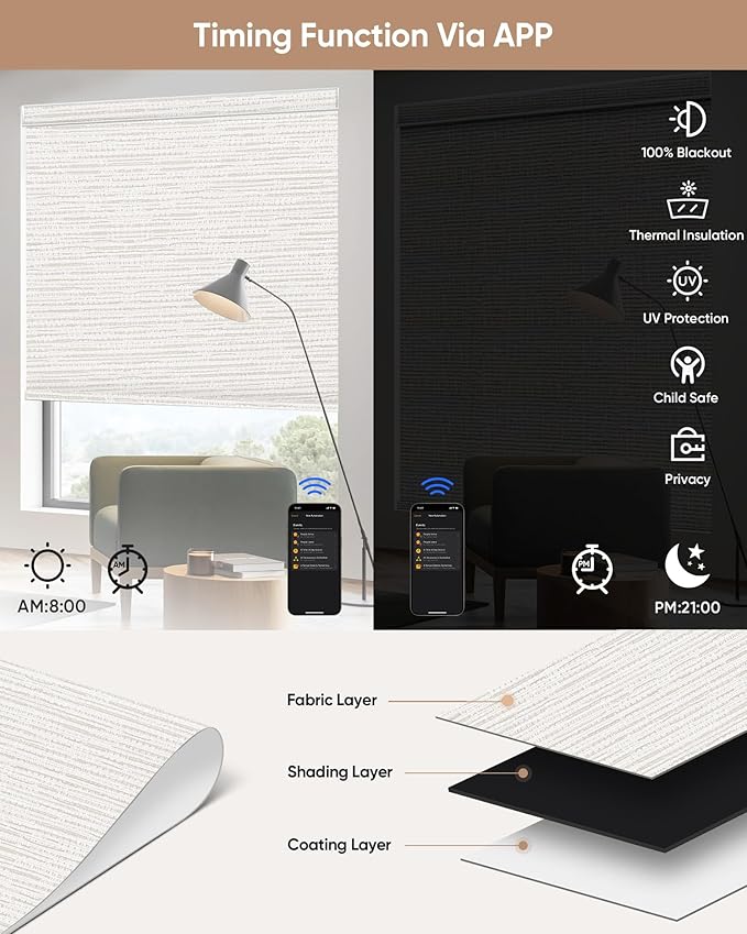 Kincmo Motorized Blinds with Remote,100% Blackout Motorized Roller Shades Work with Apple Homekit,Alexa,Google, Custom Electric Blinds with App,Voice Control (Aqua Waves Beige)