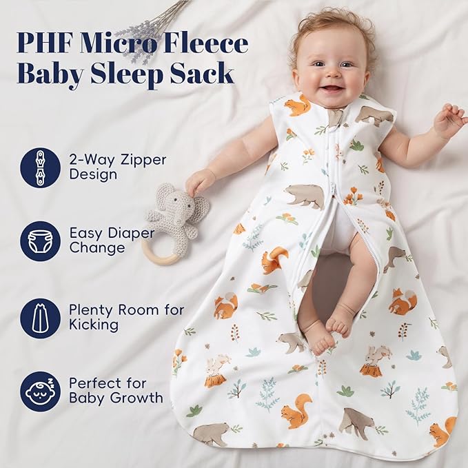 PHF Warm Micro-Fleece Baby Sleep Sack 6-12 Months, Soft Baby Wearable Blanket, 2-Way Zipper Sleeping Bags, 2 Pack Comfy Toddler Sleeping Sack for Boys, Medium Size, Woodland & Animal