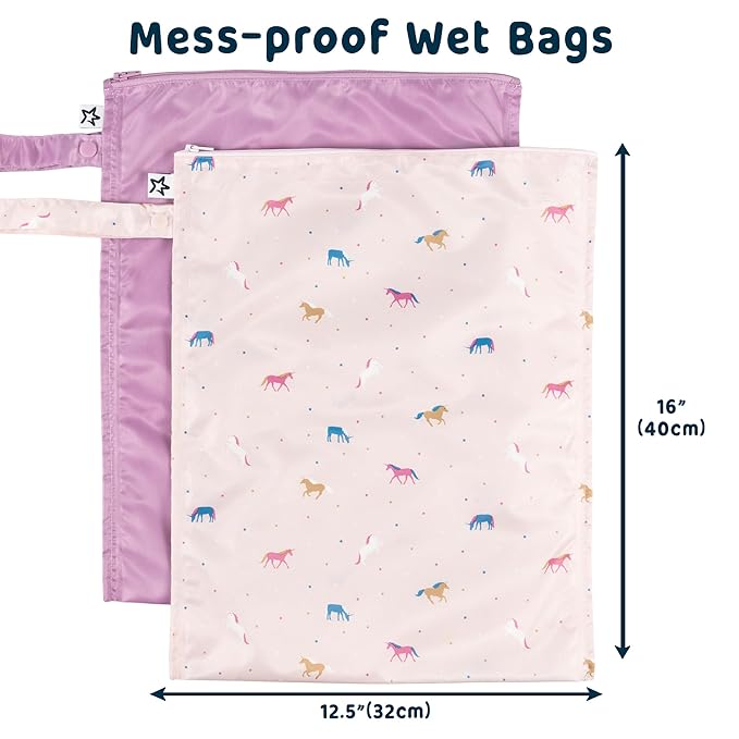 Tiny Twinkle Mess Proof Wet Bags | 2-Pack Reusable Waterproof Wet Bags for Swimsuits | Baby Clothes | Travel & Diaper Bag (Unicorn)