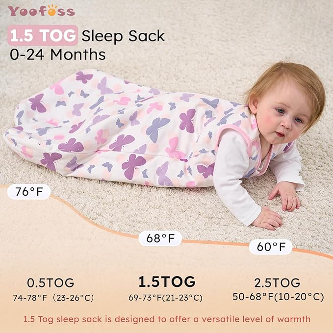 Yoofoss Baby Sleep Sack 0-6 Months, 1.5 Tog Baby Wearable Blanket with 2-Way Zipper, 100% Cotton Organic Fabric Winter Infant Sleeping Sack, Warm Soft Comfy