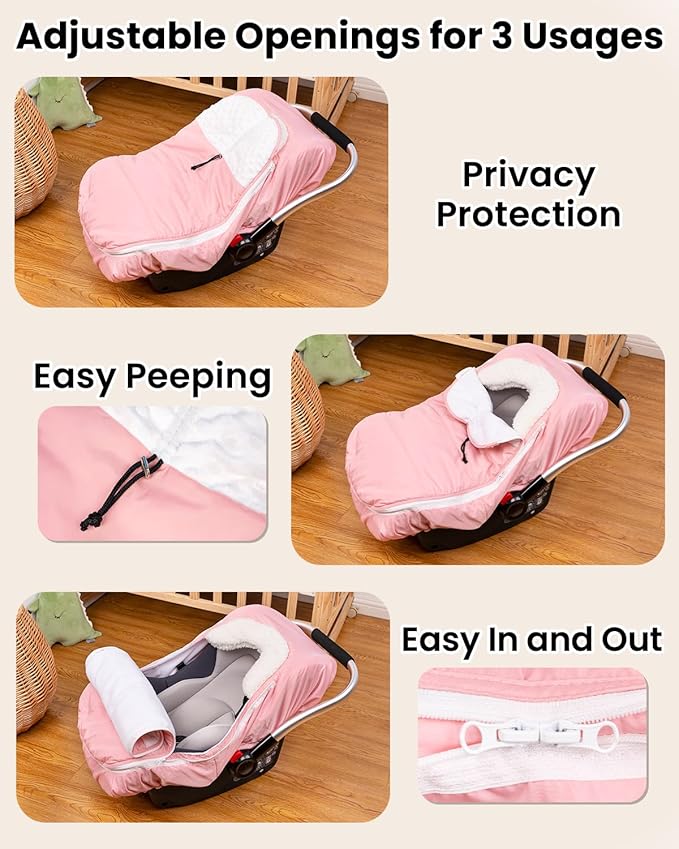TinyPalsa Winter Baby Carseat Cover, Warm Cozy Infant Car Seat Covers with Plush Lining for Cold Weather, Waterproof Carseat Canopy with Adjustable Collar, Universal Fit for Boys & Girls (Pink)