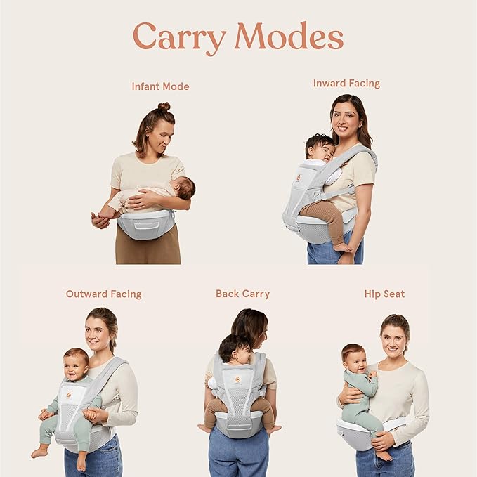 Ergobaby Alta 2-in1 Hip Seat and Carrier - All-Position Breathable Mesh Baby Carrier for 4-48 Months (12lbs - 45lbs) - Breathable Baby Carriers for Summer - SoftFlex™ Mesh - Pearl Grey