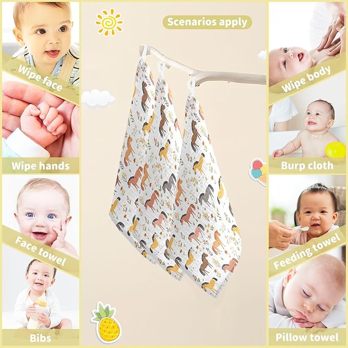 vvfelixl Cartoon Horses Graze Baby Burp Cloths Baby Muslin Washcloths for Boys Girls Cotton Babys Face Towel for Newborn Infants Soft and Absorbent 11.8 X 11.8 in, 5 Pack