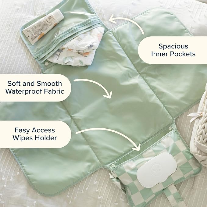 Tiny Twinkle Portable Diaper Changing Pad | Waterproof, Wipeable & Compact Baby Changing Pad for Travel | Smart Wipes Pocket & Organized Storage| Newborn Shower Gift (Black Checkers)