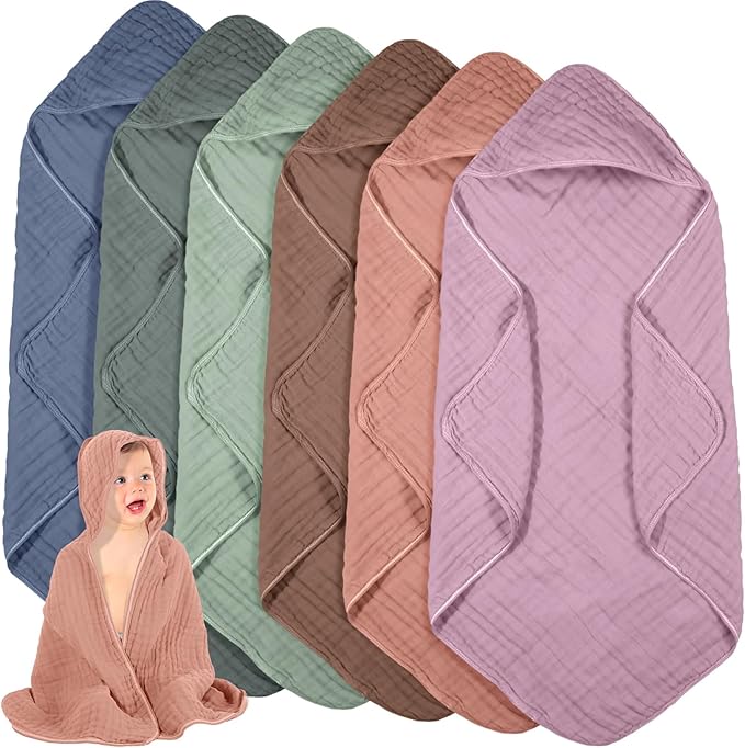 Peryiter 6 Pcs Muslin Hooded Baby Towels 32x32inch Cotton Newborn Bath Essentials Muslin Infant Blankets Absorbent Registry Baby Shower Present for Babies Girl Boy Kids (Green and Pink Series)