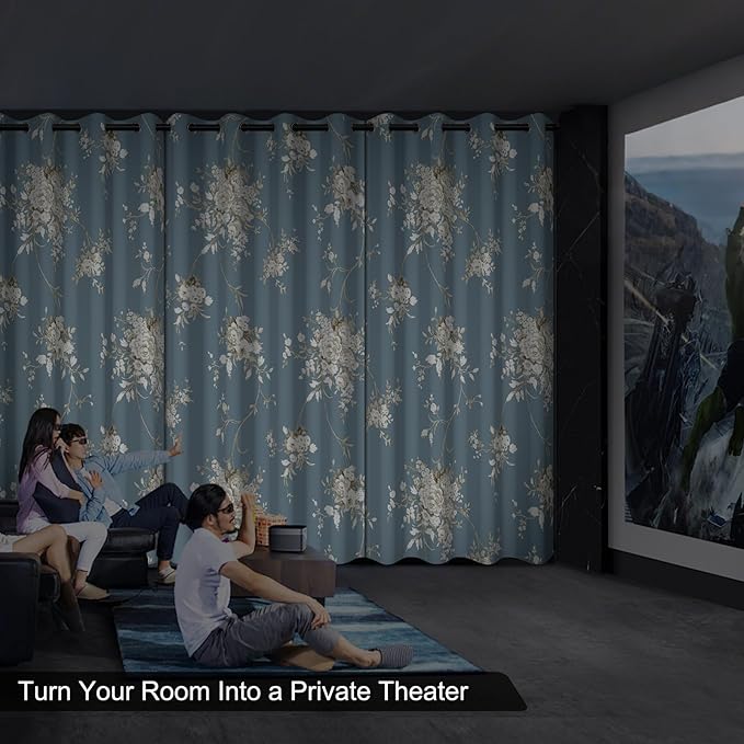 Blackout Curtains for Bedroom 84 Inch Long 2 Panels Set, Haze Blue Floral Grommet Winter Black Out Curtains for Living Room, Room Darkening Thermal Insulated Soundproof Window Drapes, Maintain Privacy