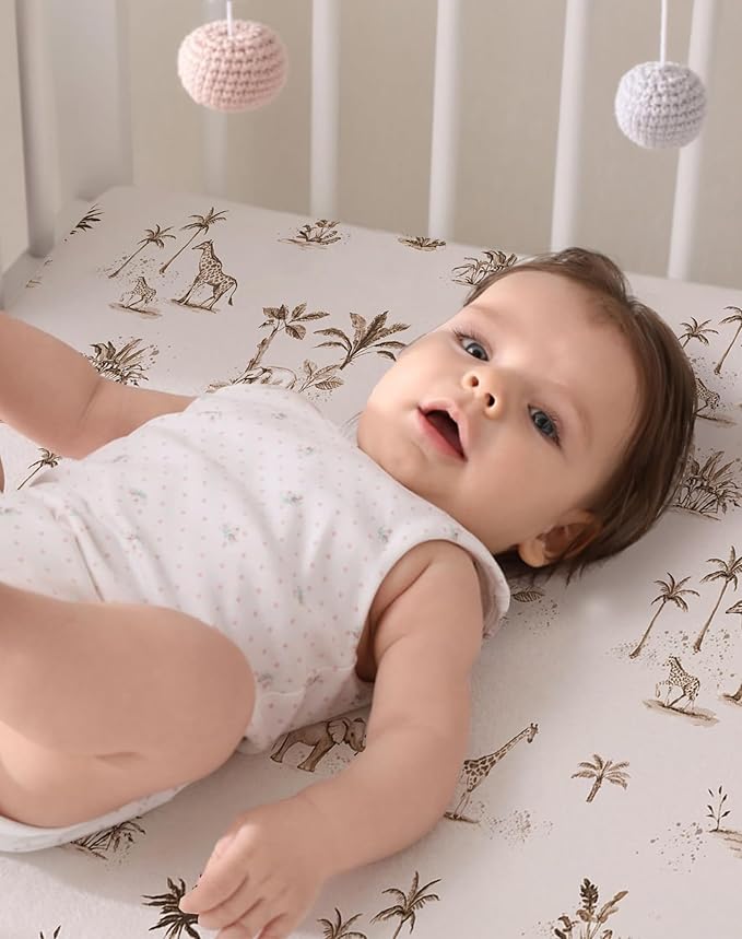 Pack and Play Sheets 2 Pack, Fitted Jersey Knit Mini Crib Sheets for Baby Boys and Girls, Compatible with Graco Pack N Play and Mini Crib Mattress (Safari Dreams, Pack N Play/Mini Crib Sheets)