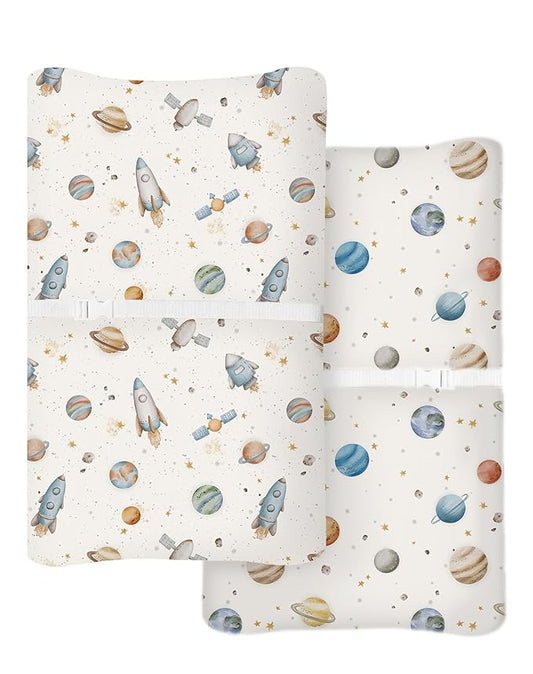 Changing Pad Cover for Baby Boys Girls 2 Pack, Fits Standard 32”×16” Changing Table Pads, Silky Breathable Stretch Knit, Machine Washable (Stellar Adventure)