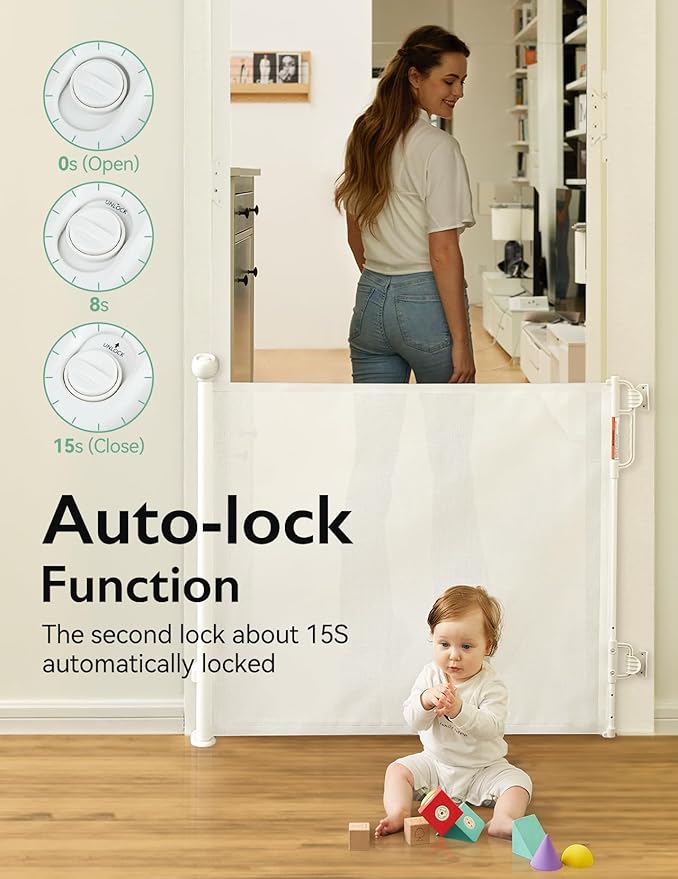 Momcozy Auto-Locking Retractable Mesh Baby Gate or Dog Gate, Child Safety Gate for Indoor or Outdoor, 33-inches Tall with up to 55-inches Wide Extension, Avoid Skirting Installation, White