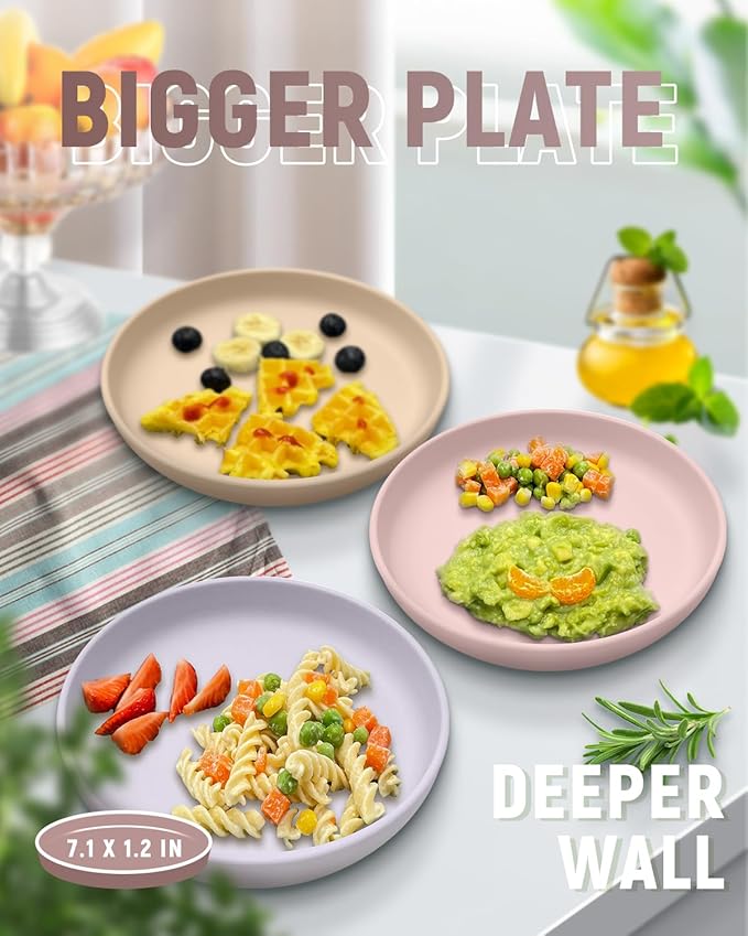 Qyeejong Toddler Plates with Suction 2 Pcs, BPA Free Silicone Suction Plates for Baby Toddler Kids, Baby Dinner Dishes Stick & Stay, Microwave & Dishwasher Safe