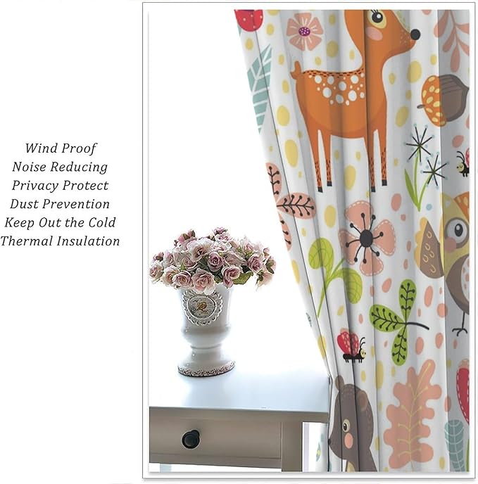 Forest Animals Kids Curtains, Watercolor Wild Rustic Bear Fox Deer Children Cartoon Window Treatments for Living Room, Watercolor Blackout Drapes 2 Panel Sets,42x63 Inch