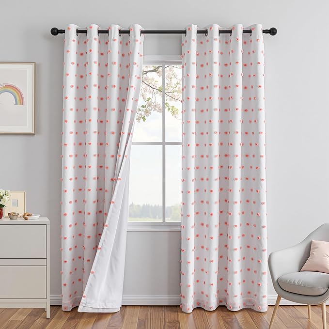 MEETSKY Pink Blackout Curtains for Girls Room-100% Total Light Blocking Kids Curtains with Triple-Weave,Thermal Insulated Grommet Drapes & Playful Pom Pom Sheer,52x84 Inches,Set of 2