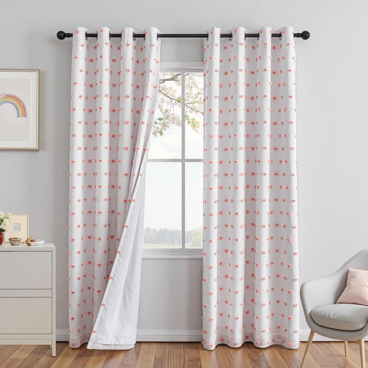 MEETSKY Pink Blackout Curtains for Girls Room-100% Total Light Blocking Kids Curtains with Triple-Weave,Thermal Insulated Grommet Drapes & Playful Pom Pom Sheer,52x84 Inches,Set of 2