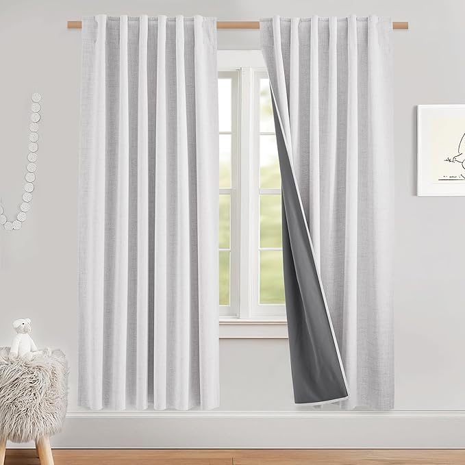 NICETOWN Linen Full Blackout Curtains 52 x 80 inch Panels, Full Bedroom Light Blocking, Thick Linen Blend Rod Pocket & Back Tab Draperies with Liners for Home Theater(Set of 2, Greyish White)