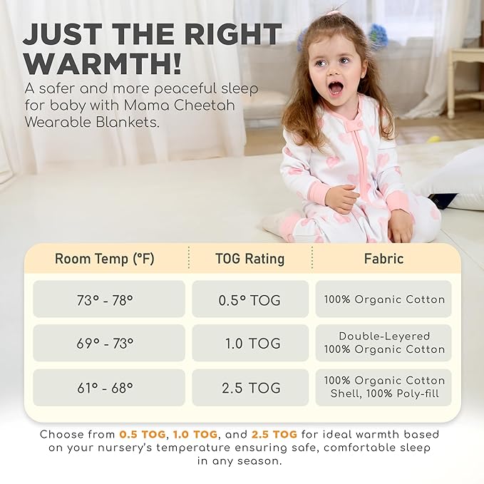 Mama Cheetah Toddler Sleep Sack with Feet, Long Sleeve 0.5 TOG Organic Cotton Baby Sleeping Bag with Legs, Wearable Blanket for Walkers w/ 2-Way Zipper, Toddler Blanket for Girls & Boys 4-5T