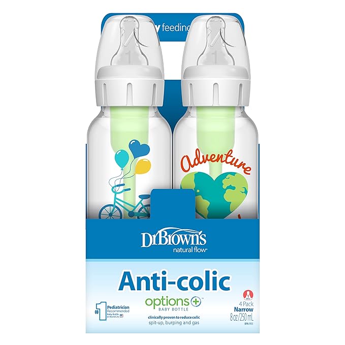 Dr. Brown's Natural Flow Anti-Colic Options+ Narrow Baby Bottle, Dream Adventure, 8 oz/250 mL, with Level 1 Slow Flow Nipples, 0m+, 4 Pack