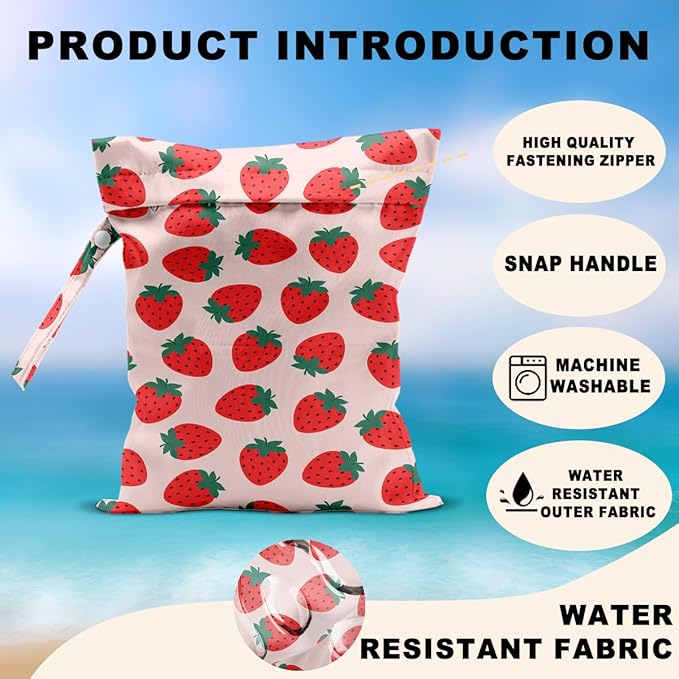 2Pcs Fruits Wet Bags 12x10 Inch, Strawberry Orange Waterproof Travel Laundry Bags, Reusable Wet Dry Bag for Swimsuit Beach Diapers Dirty Yoga Gym Clothes, Travel Gifts for Women Friend Travelers