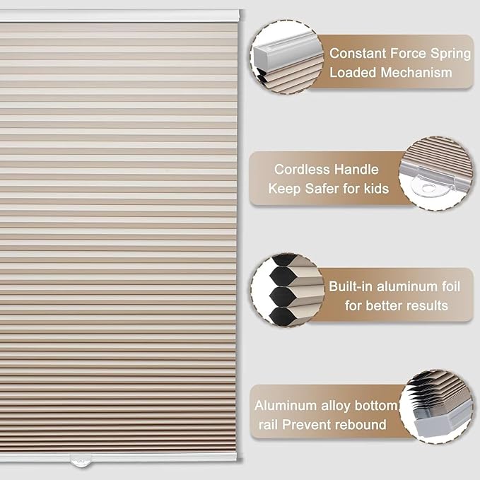 MYshade Cordless Blackout Cellular Shades, 1.5" Honeycomb Window Blinds for Bedroom & Nursery, Thermal Insulated, Noise Reducing, Privacy Shades, Inside or Outside Mount (22" W x 64" H, Beige)
