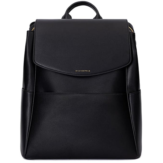 MIA + SOPHIA Leather Diaper Bag Backpack with USB Charging port, Changing Pad, Stroller Straps (Black Olivia)