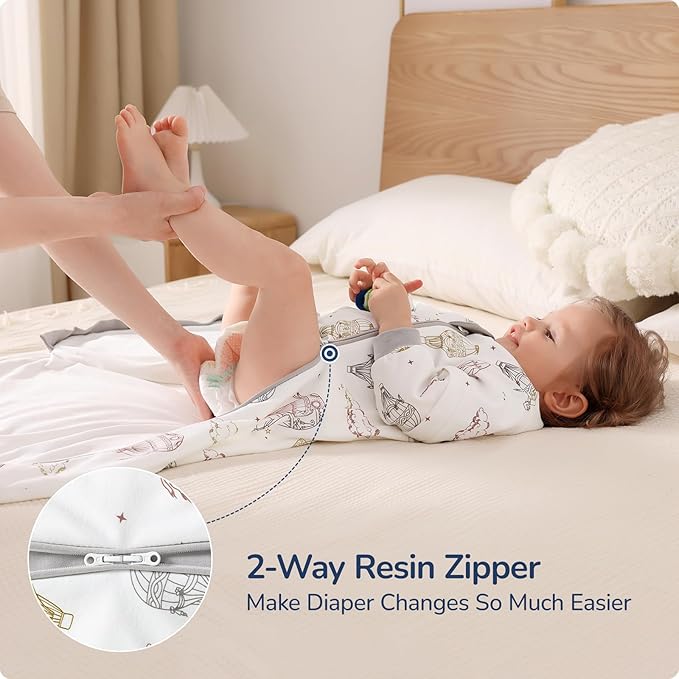 Baby Sleep Sack 3–6 Months, Cotton Sleep Sack with Detachable Long Sleeves, 1.0 TOG Wearable Blanket for Cooler Nights, 2-Way Zipper Toddler Sleeping Sack with Temperature Strip, Hot Air Balloon