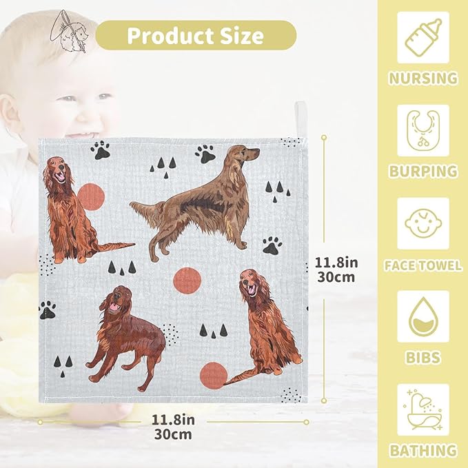 vvfelixl Baby Muslin Washcloths Irish Setter Dog Pattern Baby Burp Cloths Cotton Baby Face Towel for Newborn Infants Boys Girls Soft and Absorbent 11.8 X 11.8 in, 3 Pack