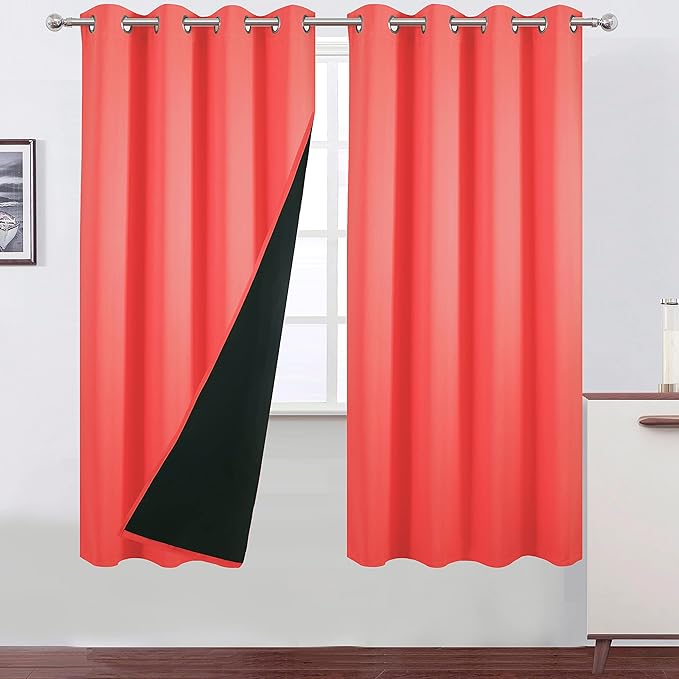 LEMOMO 100% Blackout Curtains 52 x 63 Inch/Coral Curtains 2 Panels with Black Lining Room Darkening Thermal Insulated Bedroom Curtains