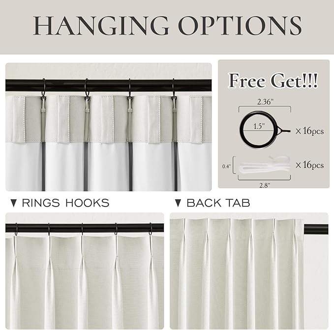 Elegant Curtains for Living Room 102 Inch Long, Linen Pinch Pleated 100% Blackout Viral Window Curtains with Hooks for Bedroom Thermal Pleated Drapes for Nursery Beige White(40" Wx102 Lx2 Panels)