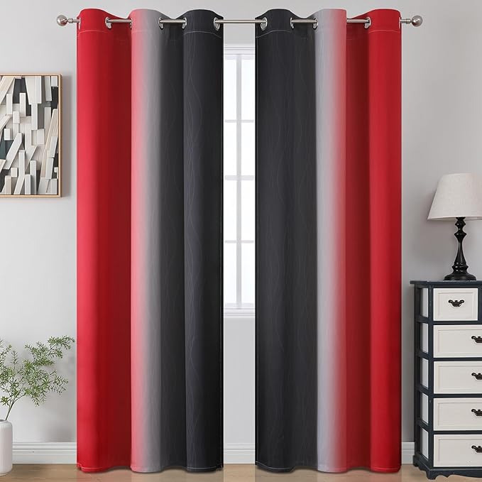 Red and Black Ombre Curtains 96 Inches Long, Total Blackout Curtains for Game Room, Thermal Insulated Gradient Grommet Drapes, Full Room Darkening Curtains for Living Room, 42x96 Inch, 2 Panels