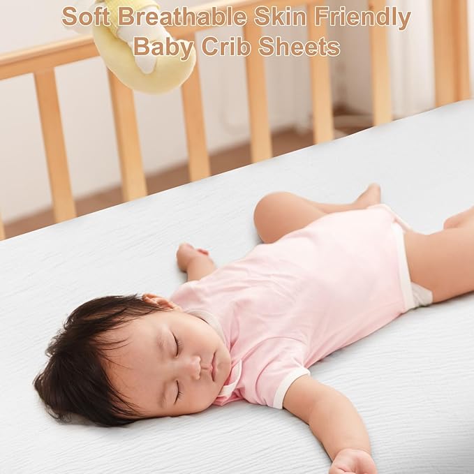 PET REJOIR 2 Pack Muslin Fitted Crib Sheets for Baby Girls & Boys-Neutral Breathable Crib Mattress Protector for Standard Crib Mattress (28"x 52") -White Crib Sheets No Slip Toddler Cotton Bedding