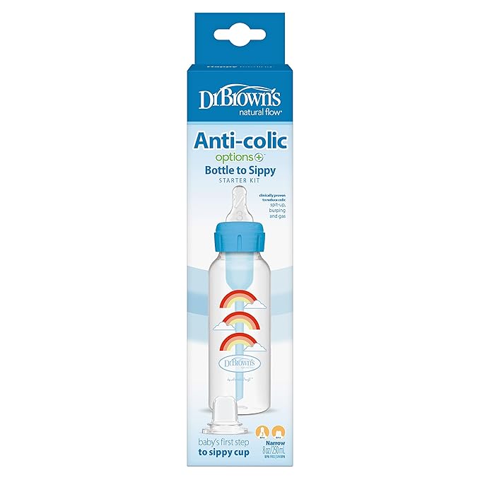 Dr. Brown's Options+ Narrow Bottle to Sippy Baby Bottle Start Kit, Single, Blue, 8 Ounce (Pack of 2)