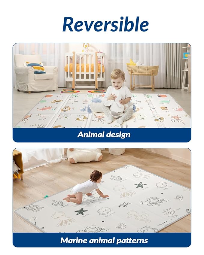 Foldable Baby Play Mat Foam, 79x71 Inch Thick 0.8 Inch XPE Waterproof Playmat, Extra Large Crawling Floor Foam Mats for Kids Infant Training Non-Slip Reversible