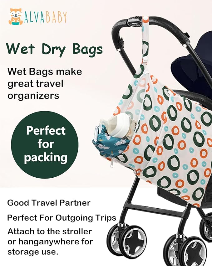 ALVABABY 3pcs Cloth Diaper Wet Dry Bags Waterproof Reusable with Two Zippered Pockets Travel Beach Pool Daycare Soiled Baby Items Yoga Gym Bag for Swimsuits or Wet Clothes 3L-ZM35