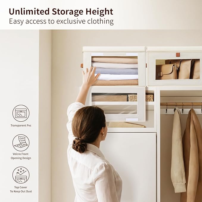 Small Fabric Storage bins - Collapsible Storage Bins with Open Window, 3 Pack Closet Baskets for Shelves, Stackable Decorative Boxes for Home, Dorm, Beige, 13.7"x 9.8" x 9.8"