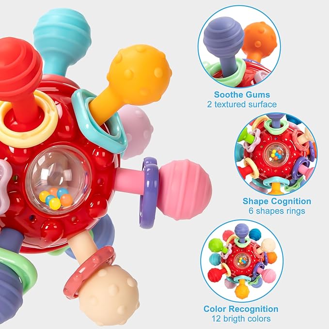 Baby Teething Toys, Baby Teethers Montessori Sensory Toys for 0-6 6-12 Months, Gifts for 1 Year Old Boys Girls Infant Newborn 0 3 6 9 12 18 Months Toys,Red