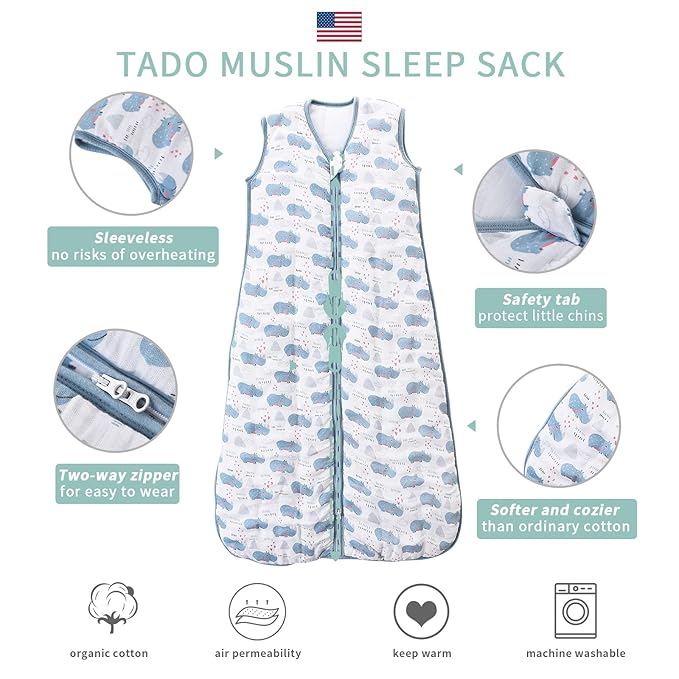 TADO MUSLIN Toddler Sleep Sack, 70% Rayon from Bamboo and 30% Cotton Baby Wearable Blanket Winter 2.5 TOG Sleeping Sacks Warm Soft Muslin Rhino (2-4T)