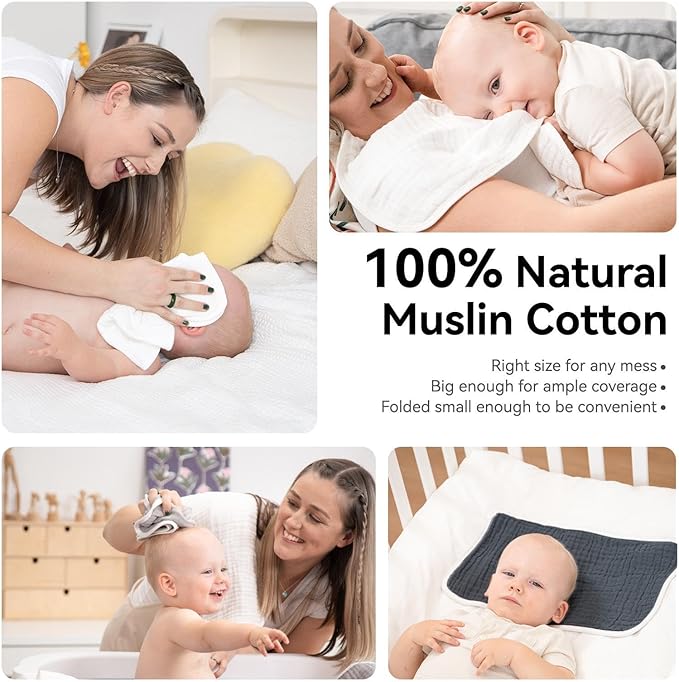 Synrroe Burp Cloths Large, Muslin Burp Cloths for Baby Girls and Boys, Pack of 10 Extra Absorbent and Soft Muslin, 6 Layers 20 by 10 Inches 100% Cotton (White and Brown 10 Pack)