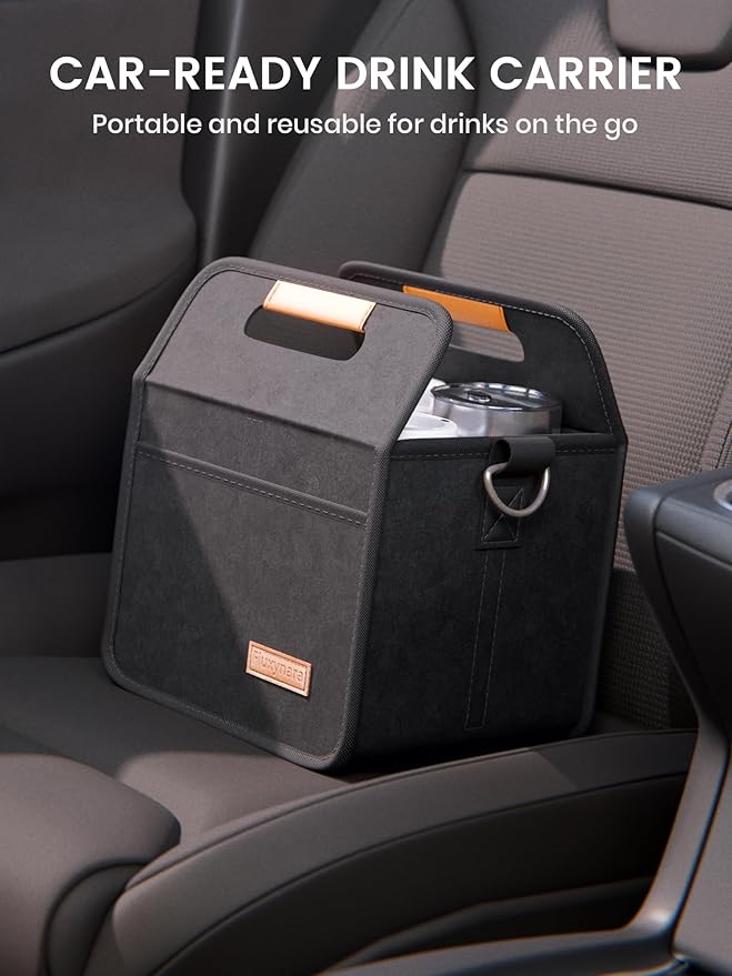 Fluxynara 4-Cup Reusable Felt Drink Carrier with Handle and Adjustable Shoulder Strap, Drink Holder for Car, Multi-Cup Drink Carrier Bag for Delivery, Travel, Picnics (Black)