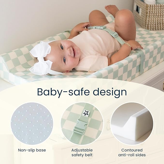 Tiny Twinkle Diaper Changing Pad for Dresser & Nursery Table – Waterproof, Wipeable & Mess-Proof Baby Changing Pad with Safety Strap, Non-Slip Base & Removable Washable Cover(Sage Checkers)